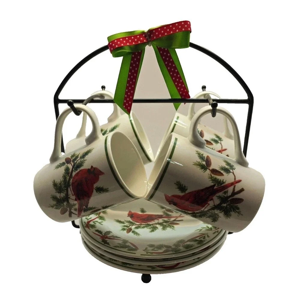 Christmas American Atelier At Home 9 pc. Stoneware Coffee Set Cardinal Bird NIB